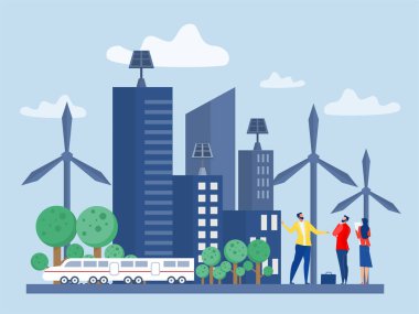 Businessman invests in clean and green city energy. Solar panel and windmills ,Saving money and nature ESG or ecology problem concept modern flat vector illustration