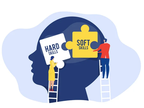 Business Woman Man Holding Two Pieces Hard Soft Skills Concept — 스톡 벡터