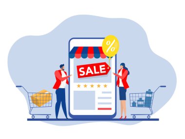 Akıllı telefonlarındaki mobil uygulamalarla alışveriş, erkek ve kadın çevrimiçi mağaza satışı, indirim, promosyon, yüzde, vektör tasarımı