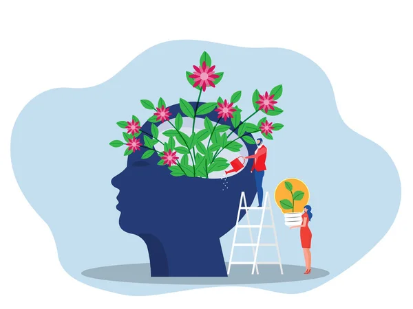 Concepto Mentalidad Crecimiento Personas Regando Las Plantas Del Cerebro Como — Archivo Imágenes Vectoriales