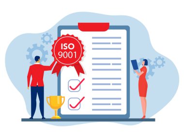 ISO 9001 sistemi ve uluslararası sertifika konsepti. Standart kalite kontrol vektörü çizelgesi ile takım iş analizi
