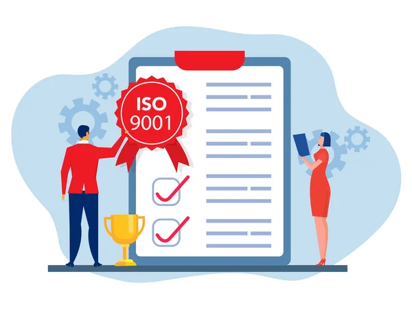 Iso 9001 System Och Internationellt Certifieringskoncept Team Affärsanalys Med Godkänd — Stock vektor