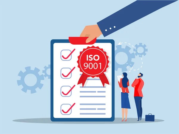 Sistema Iso 9001 Concepto Certificación Internacional Equipo Análisis Empresarial Con — Vector de stock