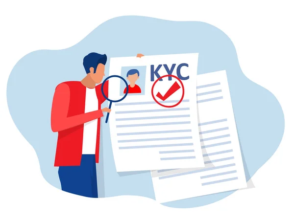 Kyc或认识您的客户 通过放大镜矢量插画在未来的合作伙伴中验证客户身份的概念 — 图库矢量图片