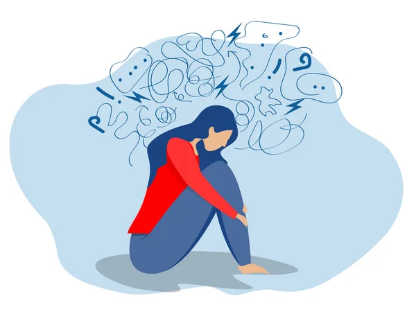 女性は強迫観念に苦しみます 頭痛の種 未解決の問題 心理的外傷 うつ病 精神的ストレスパニック障害イラストフラットベクトルイラスト — ストックベクタ