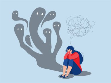 Fear attack concept girl sitting on floor and struggling with inner fears and psychological disorders problems with mental health and psychology. phobia Cartoon flat vector illustration clipart
