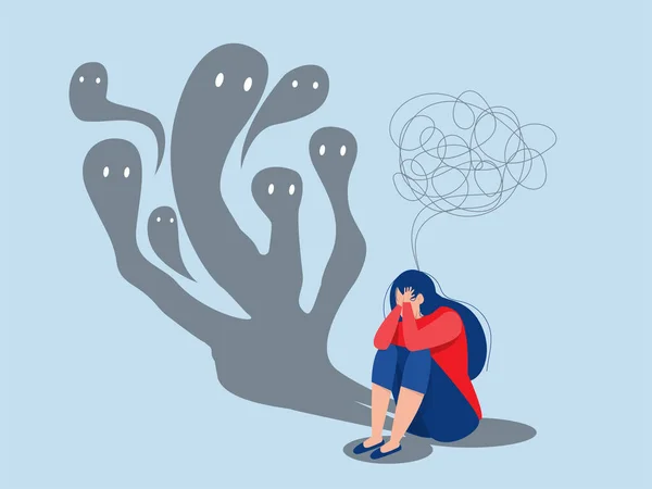 Fear Attack Concept Girl Sitting Floor Struggling Inner Fears Psychological — Stock Vector