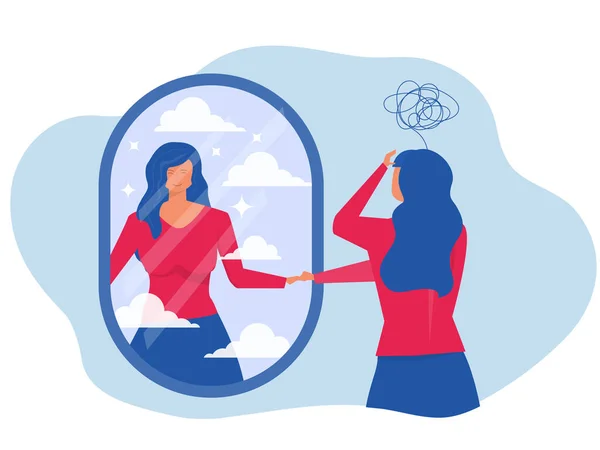 Девушка Трогает Свое Отражение Зеркале Различные Улыбающиеся Уверенный Сон Грустной — стоковый вектор