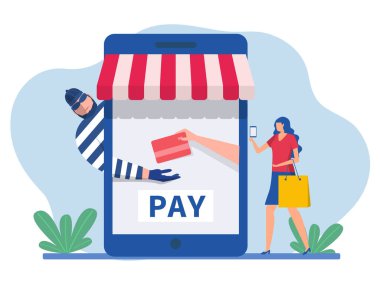 Telefon ekranında bir kadın ve bir dolandırıcı çağrı üzerine veya online bankacılık uygulaması Scammer 'dan bir banka kartı çalıyorlar; online dolandırıcılık; vektör telefon;