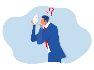 Taklitçi sendrom, mutlu veya üzgün ifadeli karnaval maskelerinde yüzüne bakan adam. Vektör çizer.