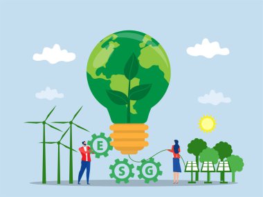 ESG 'nin çevre, sosyal ve yönetim kavramı Dünya gezegenini ekoloji problemi ESG ile paylaşıyor. Yenilenebilir, yeşil, güvenli yeşil eko enerji çevresel vektörü