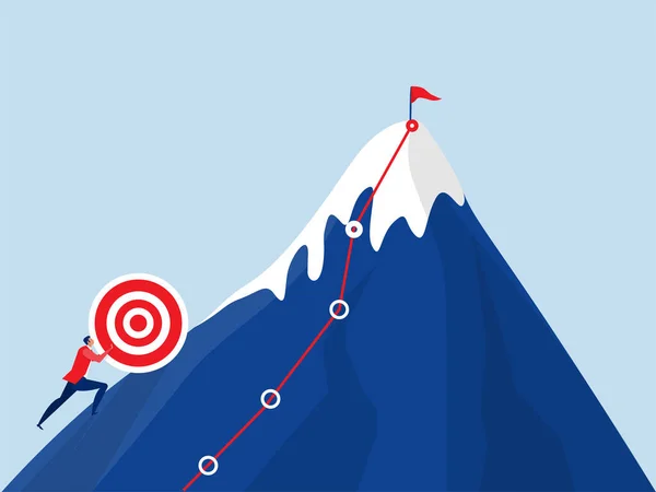 Achieve Goal Success Concept Businessman Pushing Heavy Boulder Mountain Peak —  Vetores de Stock