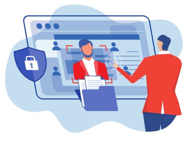 KYC ya da müşterilerinizin şirketlerini tanıma ve müşterilerinin kimliklerini ortaklar konseptinde dizüstü bilgisayar vektör çizerindeki bir büyüteçle doğrulama