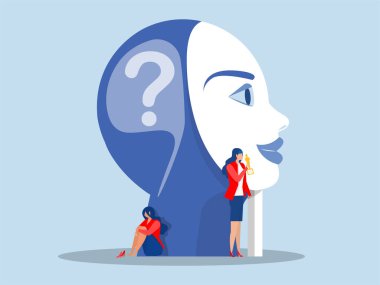  imposter syndrome, business woman holding mask happy face but behind Anxiety and lack of self confidence at work vector clipart