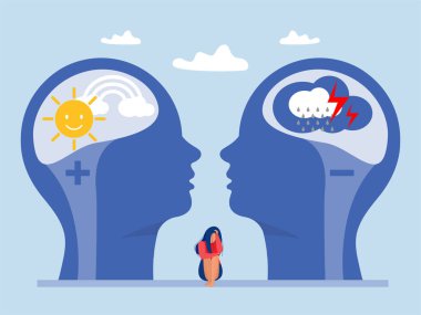 bipolar bozukluk, psikolojik durumdaki mutlu ve üzgün zihinsel durumla negatif konsept vektörü arasındaki kadın.