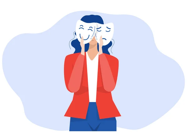 Empresária Segurando Máscaras Diferentes Máscaras Feliz Triste Síndrome Impostor Transtorno —  Vetores de Stock