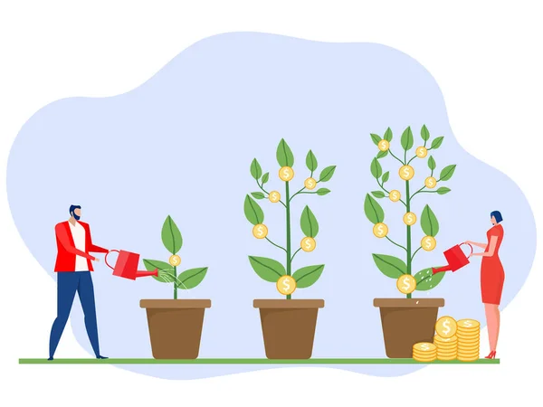 ビジネスマンは小さな植物に水をやり大きな木のお金のコインツリーを得ます 金融成長の概念 ベクターイラスト — ストックベクタ