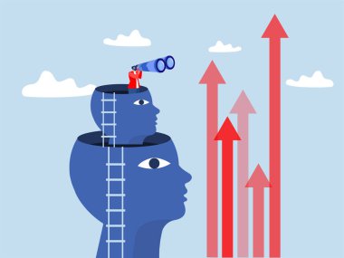 Vizyoner konsept, dev turistleri elinde tutan iş adamı gelecekteki yatırımları, büyümeyi, keşifleri, fırsatları, açık bir vizyon için meydan okumayı görmek için dürbünü tutuyor