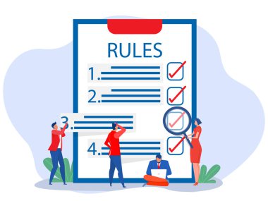 Kurallar kontrol ediliyor; insanlar kuralları büyük pano ve kağıt kurallarıyla anlıyorlar; düzen; kısıtlamalar; hukuk; ve yönetmelik şirketlerinin yasal kuralları; düz vektör illüstrasyonları
