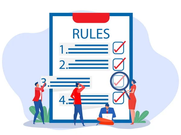 规则检查 人们理解带有大剪贴板和纸张规则的规则 以及公司法律规则 平面矢量说明 — 图库矢量图片
