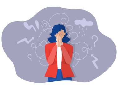 Kadının takıntılı düşünceleri, baş ağrısı, çözülmemiş sorunları, psikolojik travması, huzursuz, zihinsel saplantılı depresyon karakteri, düz vektör çizimi bozukluğu var.