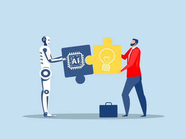 合作伙伴联系 商务人士匹配机器人想法或人工智能技术未来学 人工智能 机器未来合作向量插画 — 图库矢量图片