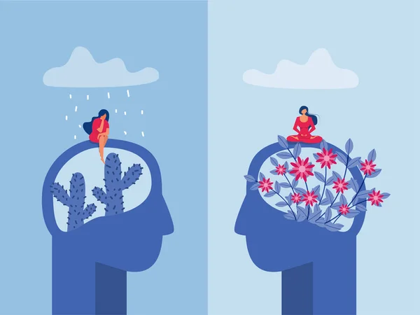 头戴不同花和仙人掌的女人的肖像 心理帮助 精神保健 治疗概念 病媒说明者 — 图库矢量图片