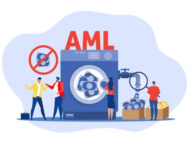 Kara Para Aklamayla Mücadele kısaltması veya Aml veya Kara Para Aklamayla Mücadele, Aml Çamaşır Makinesi Yolsuzluğu ve Yasadışı İş. Çizgi film İnsanları Vektör İllüstrasyonu