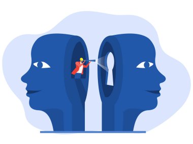 Business vision concept, businessman using telescope to look into the distance Self-discovery , Positive Psychology and Self Awareness