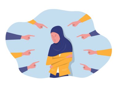 Zorbalık konsepti. Genç kadın, kadınlara yönelik dokunmayı ve şiddeti sembolize eden taciz mağduru Müslüman kadını üzdü. Parmaklar bir kadını işaret ediyor. Vektör illüstrasyonu 