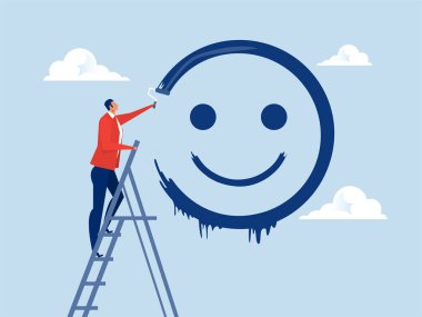 Positive thinking concept,happy businessman climb up stairs ladder to painting ing smile face on wall with roller vector illustration. clipart