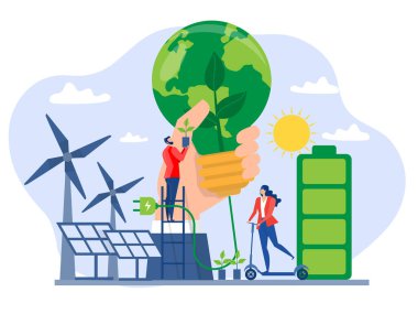  Temiz enerji kavramı. Daha iyi bir gelecek için yenilenebilir enerji. Güneş panelleri ve yel değirmenlerinden elde edilen elektrik.