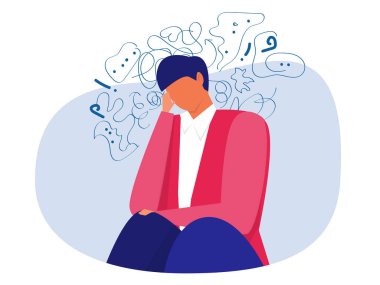 İş adamı saplantılı düşüncelerden muzdarip; baş ağrısı; çözülmemiş sorunlar; psikolojik travma; depresyon. Zihinsel stres panik zihin düzensizliği düz vektör çizimi.