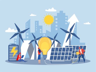Temiz enerji kavramı. Daha iyi bir gelecek için yenilenebilir enerji. Güneş panelleri ve yel değirmenlerinden elde edilen elektrik.