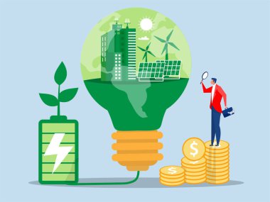 ESG ya da ekoloji problemi kavramına, Ekoloji şehrine ve yeşil arka plandaki ampullere temiz enerji güneş panelleri ve yel değirmenlerine iş yatırımları. Yeşil enerji teknolojisi. Düz vektör illüstrasyonu.