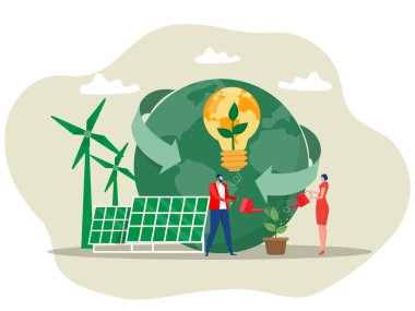 Yeşil Temiz Enerji Konsepti, Çevre dostu enerjiye sahip insanlar, enerji tasarrufu, güneş paneli ve rüzgar türbini. Dünya Vektörü illüstrasyonunun yapılacağı gün   