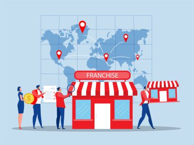  Franchise iş dünyası konsepti, emlak işi tanıtımı, yeni bir kitle fonlaması. Dünya haritasında genişlet, Franchise iş kavramı. Vektör illüstrasyonuComment