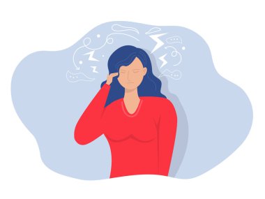Kadın baş ağrısı, grip, ağrı, depresyon, akıl hastalığı gibi hastalıklardan muzdarip. Düz vektör tasarımı çizimleri.