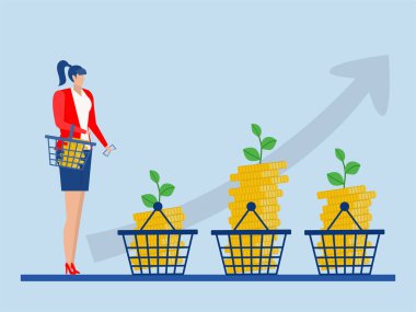 Risk Yönetimi Stratejisi, İş kadını risk finans dengesi için sepetteki yatırımı yönetiyor ve finans piyasalarında yatırım artışları ve karşılıklı fon vektör çizelgesi satın alıyor.