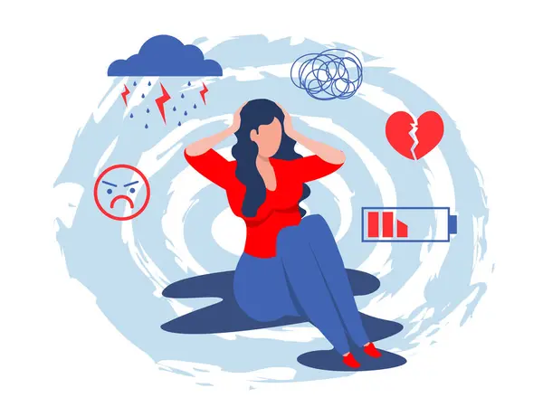 Depresyondaki kadın zihinsel sorunları. Akli dengesi bozuk, duygusal çöküntü, hayal kırıklığı, depresyon ve yalnızlık çeken bir kız. Çizgi film düz vektör çizimi