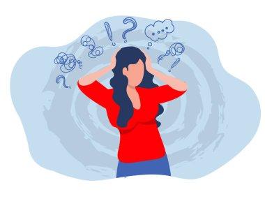 Kadın saplantılı düşüncelerden muzdarip. Baş ağrısı, çözülmemiş psikolojik travma depresyonu. Zihinsel stres, panik zihin bozukluğu, düz vektör çizimi..