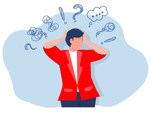 man suffers from obsessive thoughts; headache; unresolved issues; psychological trauma; depression.Mental stress panic mind disorder flat vector illustration