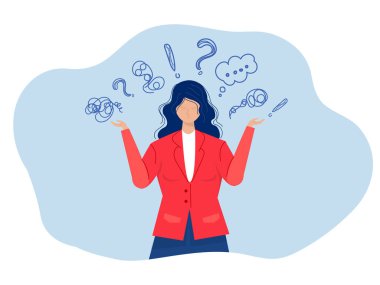Kadın takıntılı düşüncelerden, baş ağrısından, çözülmemiş sorunlardan, psikolojik travmadan, depresyondan muzdarip. Zihinsel stres panik zihin bozukluğu düz vektör çizimi.