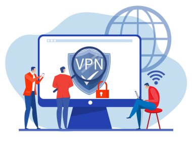 VPN Teknoloji Hizmetleri Konsepti, İşadamı mobil Sanal Özel Ağ 'da web sitesindeki tarayıcıyı açın. Güvenli ağ bağlantısı ve gizlilik koruma vektörü çizimi