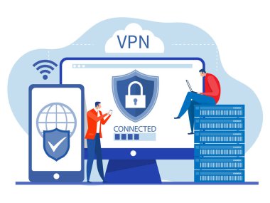 VPN Teknoloji Hizmetleri Konsepti, İşadamı mobil Sanal Özel Ağ 'da web sitesindeki tarayıcıyı açın. Güvenli ağ bağlantısı ve gizlilik koruma vektörü çizimi