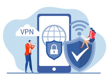 VPN Teknoloji Hizmetleri Konsepti, İşadamı mobil Sanal Özel Ağ 'da web sitesindeki tarayıcıyı açın. Güvenli ağ bağlantısı ve gizlilik koruma vektörü çizimi