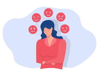 Depresyondaki ruh hali, depresyondaki kadın ve beyninde şaşkın düşünceler. Mutlu, üzgün, mutsuz, bipolar bozukluktan muzdarip. Psikoloji ve zihinsel sağlık vektörü çizimi.