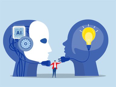 İş adamı, AI Yapay Zeka 'ya ampul fikriyle bağlantı kurdu. Ampul geliştirme konsept vektörü ile çip insan beynine işleniyor