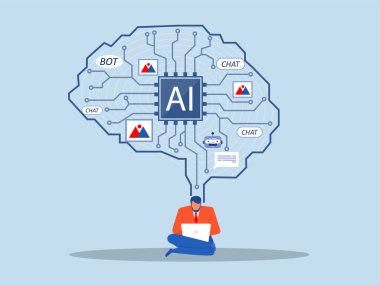 Sohbet robotu, iş adamı danışmanlık için bilgisayar kullanır. Yapay zeka teknolojisi. Dijital sohbet robotu, robot uygulaması, sohbet asistanı konsepti. vektör çizici