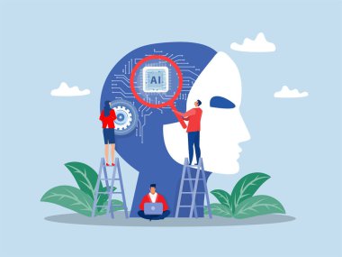 Dijital devresi olan bir beyin, bilgisayar çipi olan bir insan kafası yapay zeka konsepti, teknoloji fütüristik, yapay zeka, beyin makinası gelecekteki işbirliği çizer